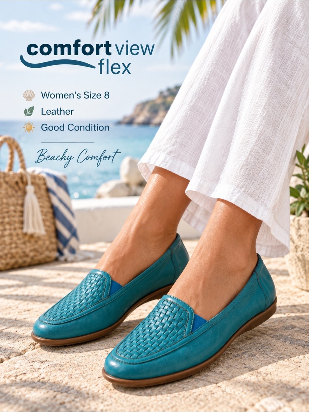 Comfortview Flex Leather Loafers Women’s Size 8 Teal Blue Woven Comfort Flats